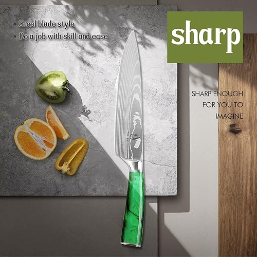 Miniatura 4 de FULLHI Juego de cuchillos de acero inoxidable con mango verde y cuchillo de carnicero forjado con bolsa para cuchillos y funda