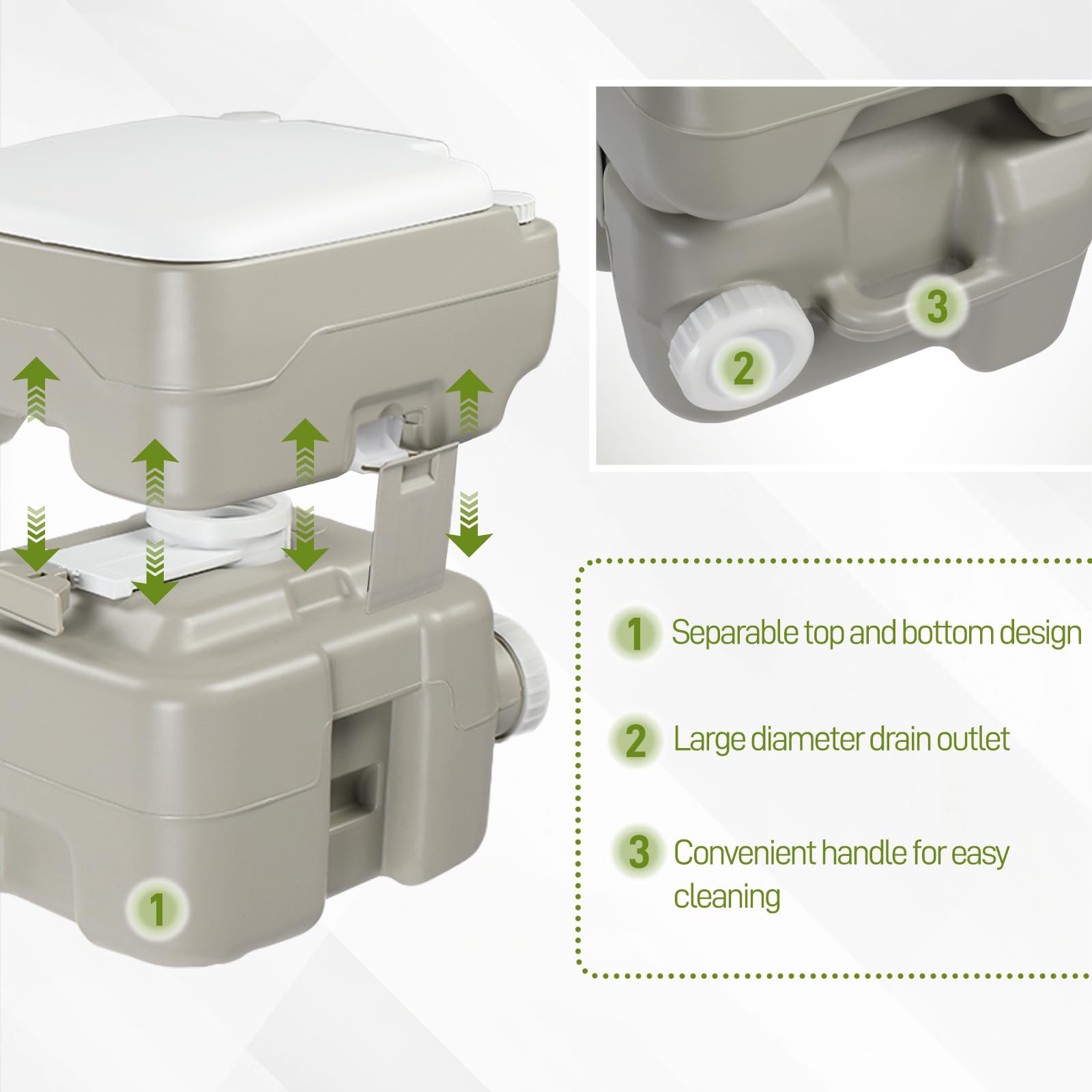 Outvita Tragbare Toilette für den Außenbereich, 1,5 l Abfalltank, Porta-Töpfchen mit Druckpumpe, Doppelauslass, auslaufsichere Clips für Camping, Reisen, Wohnmobil, Boot, LKW