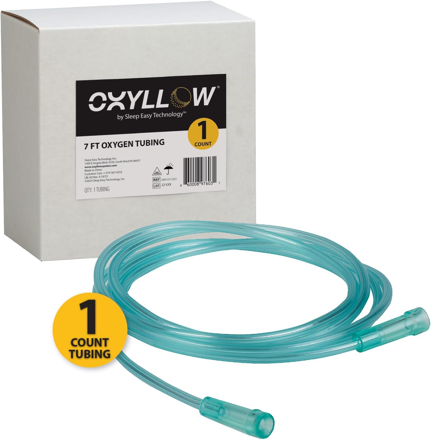 Oxyllow Premium 7 ft Oxygen Tubing - 1-Count - 6-Channel Kink-Resistant Air Flow - High-Visibility Green Tint - Universal End Connectors - Durable, Medical Grade Oxygen Therapy Accessory