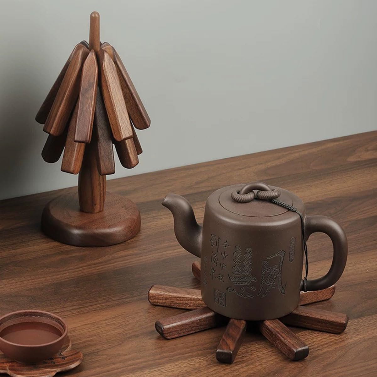 8-inch Tree-Shaped Trivets, Wooden Trivets for Hot Dishes, Collapsible Wood Placemats Set for Kitchen Counter Table, 3PCS Walnut Wood Coasters with Stand