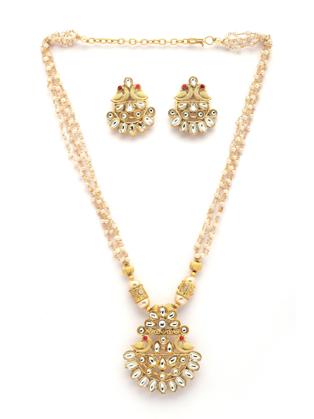 Adiva 22K Gold-Plated Peacock Kundan Stone Studded & Pearls Beaded Jewellery Set for Women, Traditional Stylish Jewellery Set for Women Party, Wedding, Bridal, Occasion, Festive
