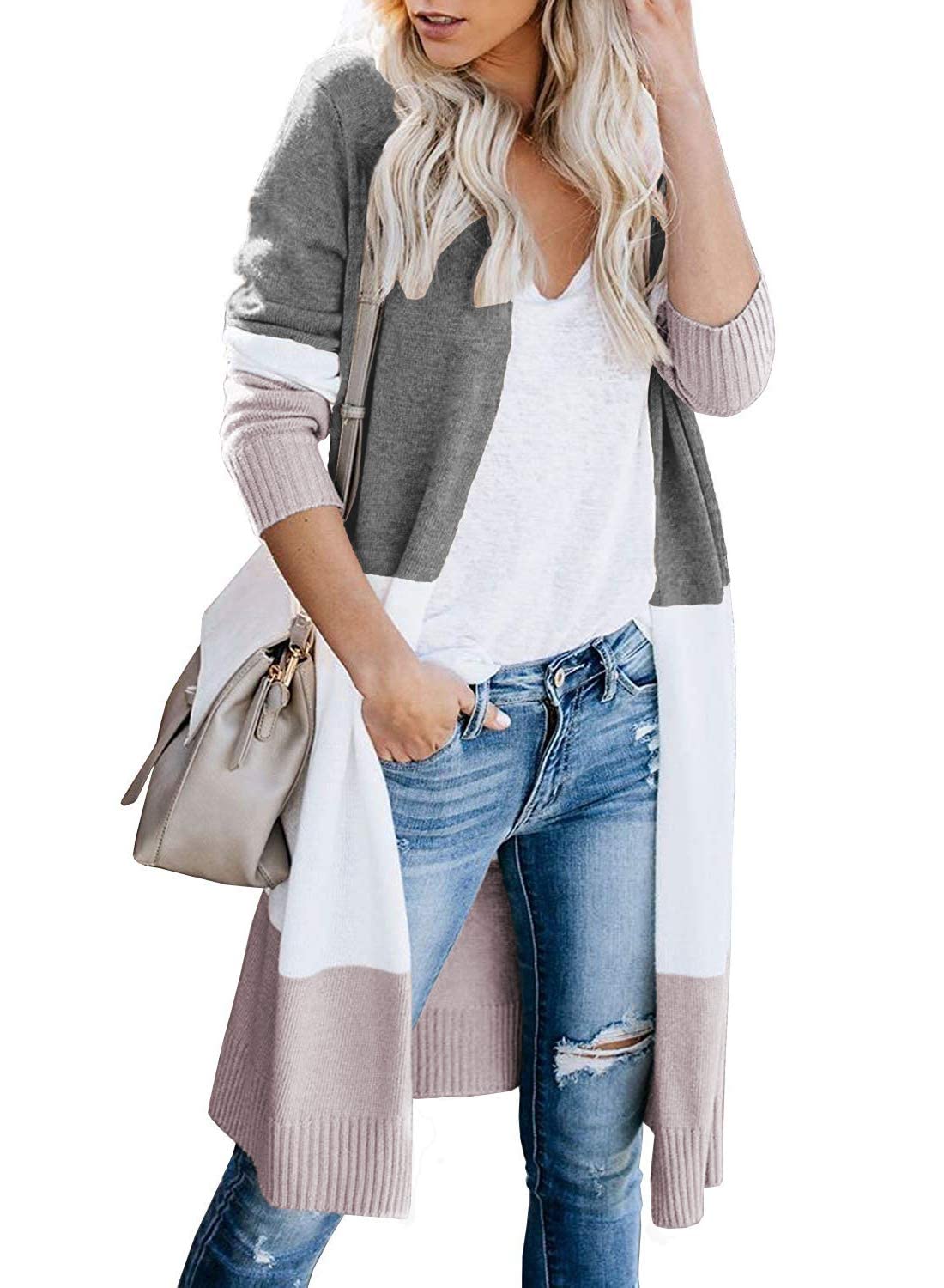 CARDYDONY Women's Long Color Block Cardigan Sweater