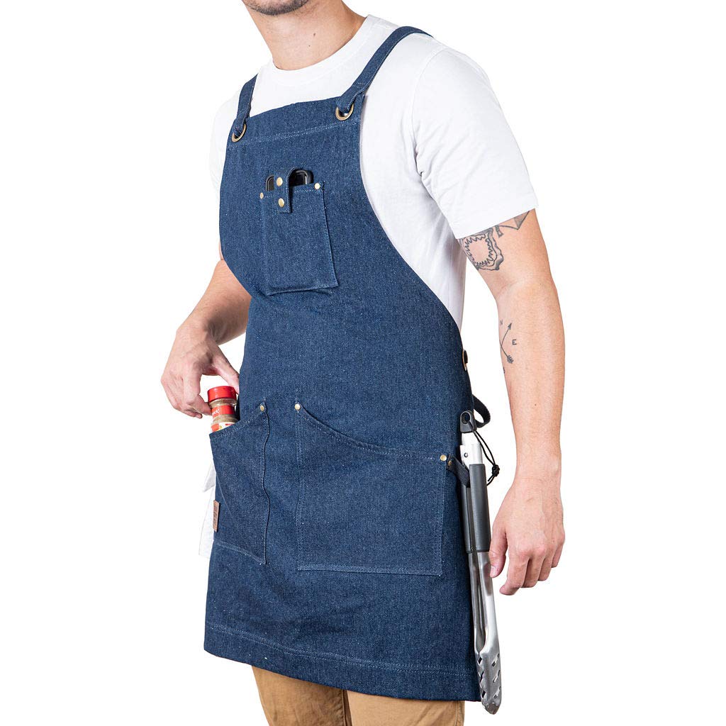 Texas Canvas Wares professionale del grado regolabile bavaglino grembiule per la cucina con 3 tasche per uomo, donna, cuoco, barbecue, griglia con il tovagliolo loop (blu, denim)