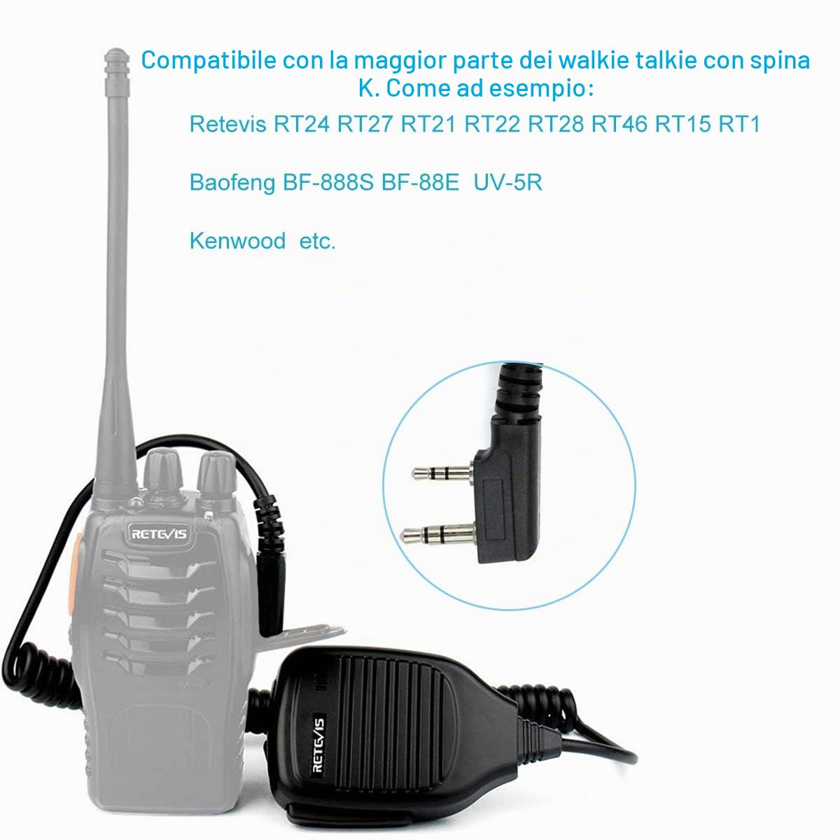 Retevis Walkie Talkie Altoparlante Microfono 2 Pin Walkie Talkie Microfono Compatibile con Baofeng UV-5R BF-88E BF-888S Ricetrasmettitore RT24 RT27 Kenwood Sunreal (5 Pezzi)