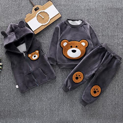 Image of Bold N Elegant Cotton Blend Cute Cartoon Bear Graphics Winter Warm Sweatshirt Hood Jacket And Jogger Pant 3 Pc Layering Clothing Set For Infant Toddler Kids