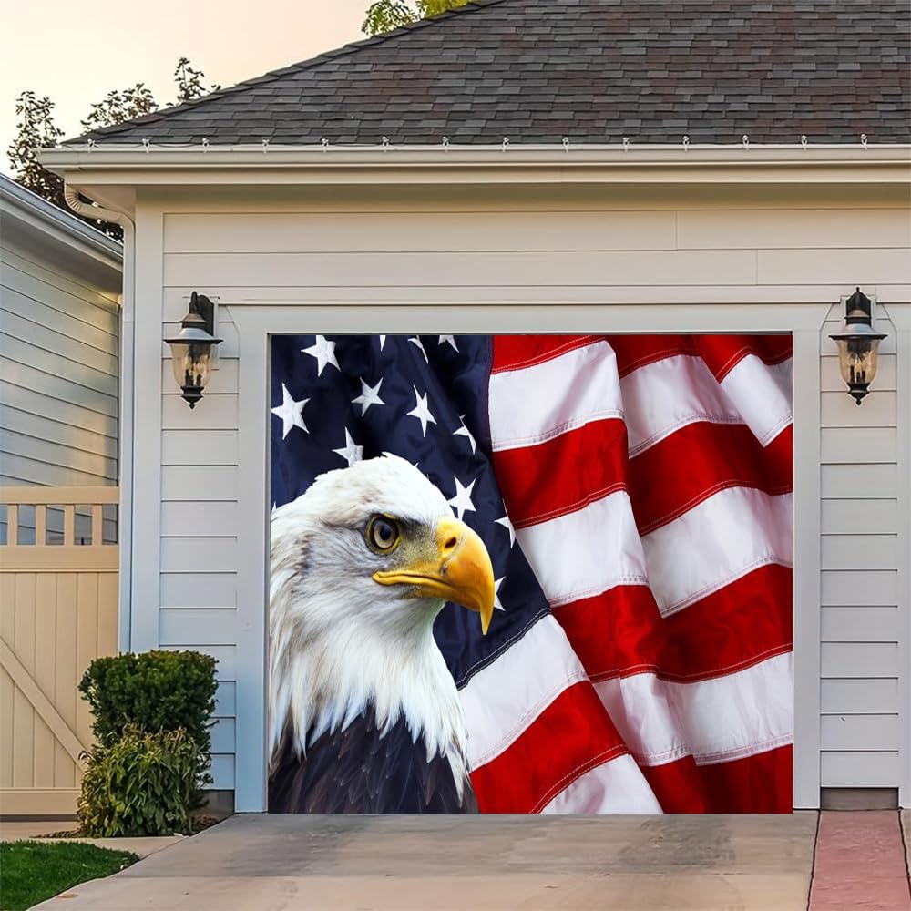 Leyiyi 7x8ft American Flag And Bald Eagle Garage Door Decorations Banner Patriotic 4th of July Garage Door Banner Cover Independence Day Banner for Memorial Day Veterans Day Party Decoration