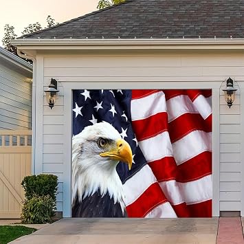 Leyiyi 7x8ft American Flag And Bald Eagle Garage Door Decorations Banner Patriotic 4th of July Garage Door Banner Cover Independence Day Banner for Memorial Day Veterans Day Party Decoration