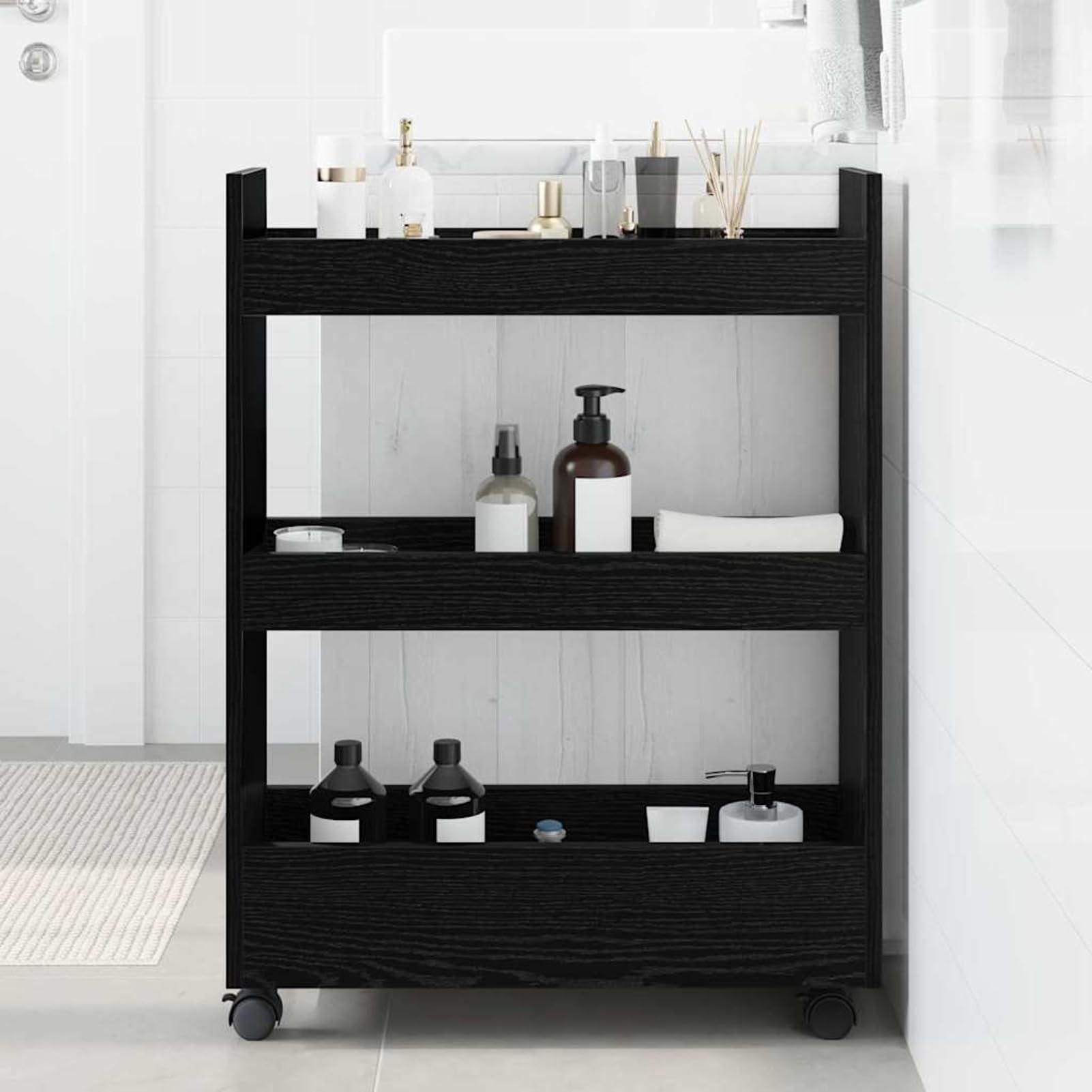 Geecher Carrello di Stoccaggio Stretto, Mobile da Cucina con Ruote e Freni, 60 x 22 x 80 cm, in Legno Multistrato Rovere Nero, per Cucine Piccole e Stanze di Servizio