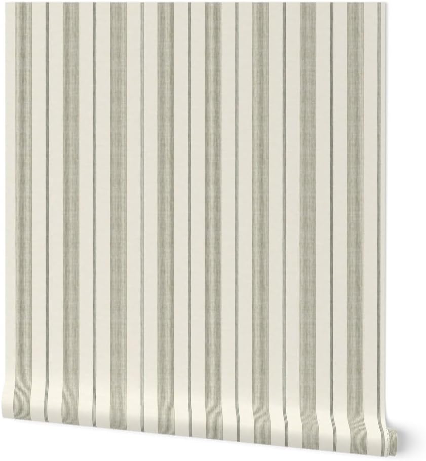 Spoonflower Peel & Stick Wallpaper 3ft x 2ft - Ticking Stripes Classic Striped Vertical Farmhouse Transitional Neutral Cream Green Custom Removable Wallpaper