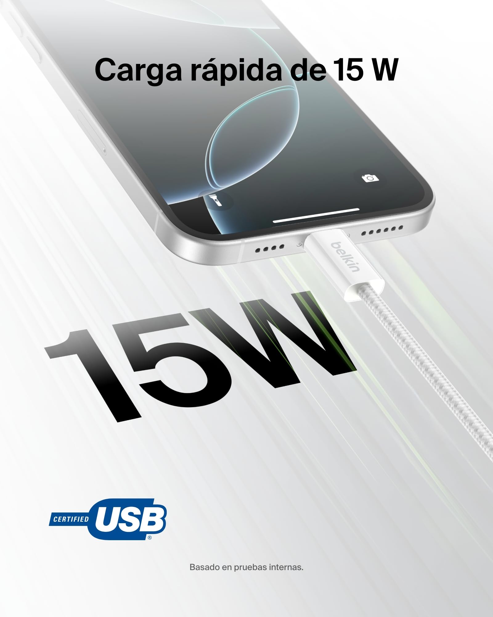Belkin Paquete de 2 Cables Trenzados USB-A a USB-C de 1,5 m (15 W), carga rápida, cables de alimentación flexibles USB tipo C para iPhone 17 y 16, Galaxy S25, Pixel 10, iPad Pro y otros, Blanco