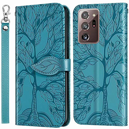 MEUPZZK Wallet Case for Samsung Galaxy Note 20 Ultra, Embossed Tree Premium PU Leather [Folio Flip][Kickstand][Card Slots][Wrist Strap][6.9 inch] Phone Cover for Samsung Note 20 Ultra (R-Blue)