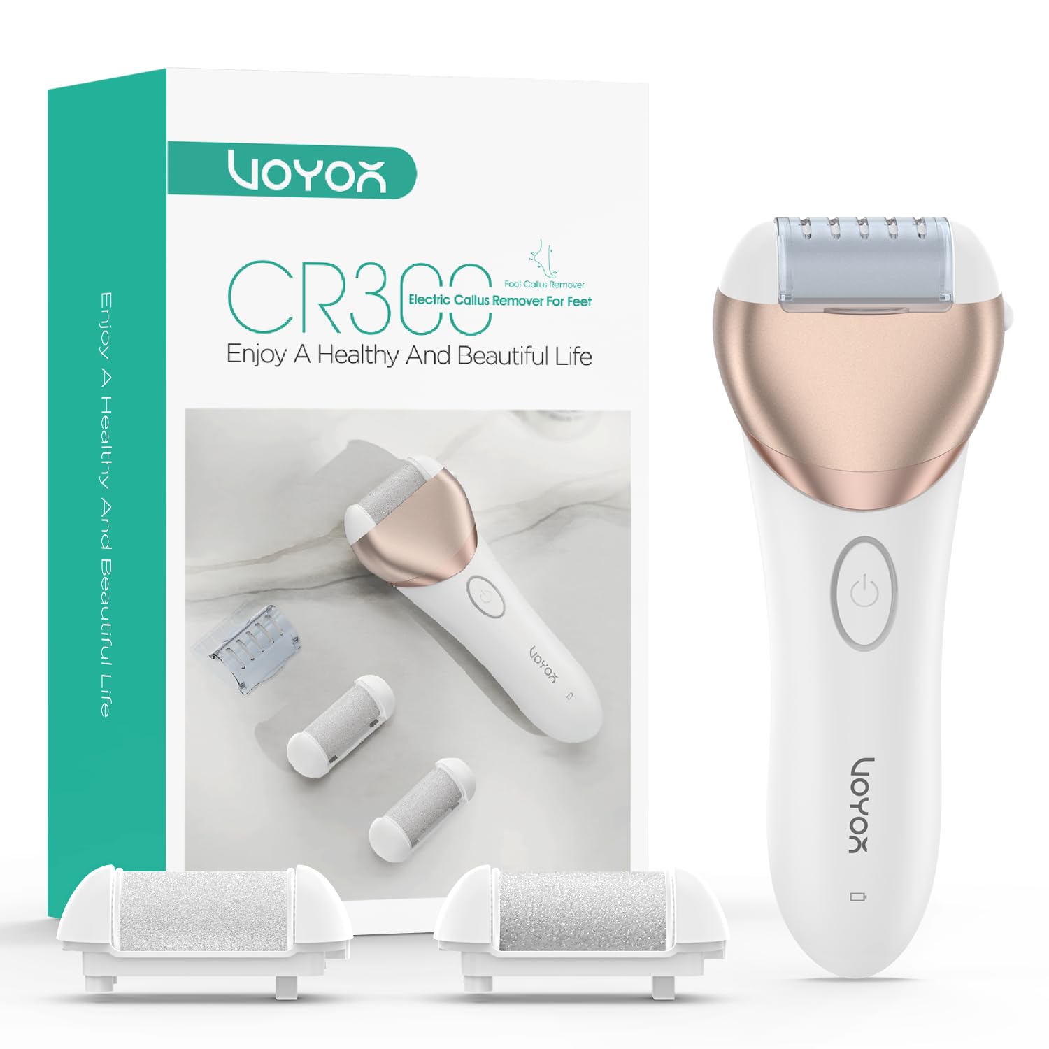 VOYOR Lima Electrica Pies Durezas, Pedicura Pies Profesional Recargable IPX6 Impermeable Eliminar Callos Pies Lima Pies Durezas, Cuidado de Pies Viene con Rodillos de Recambio CR300(Dorado Champagne)