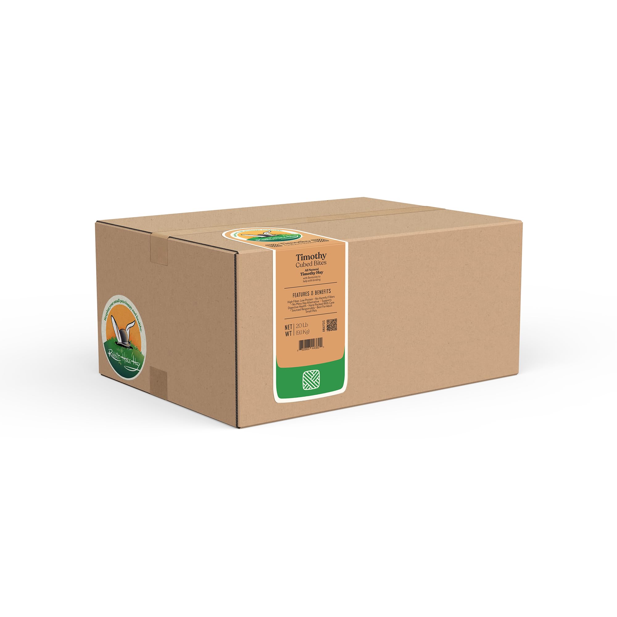 Rabbit Hole Hay - All Natural Timothy Hay Cubed Bites for Small Pets - 20 lb Box - Bulk High Fiber