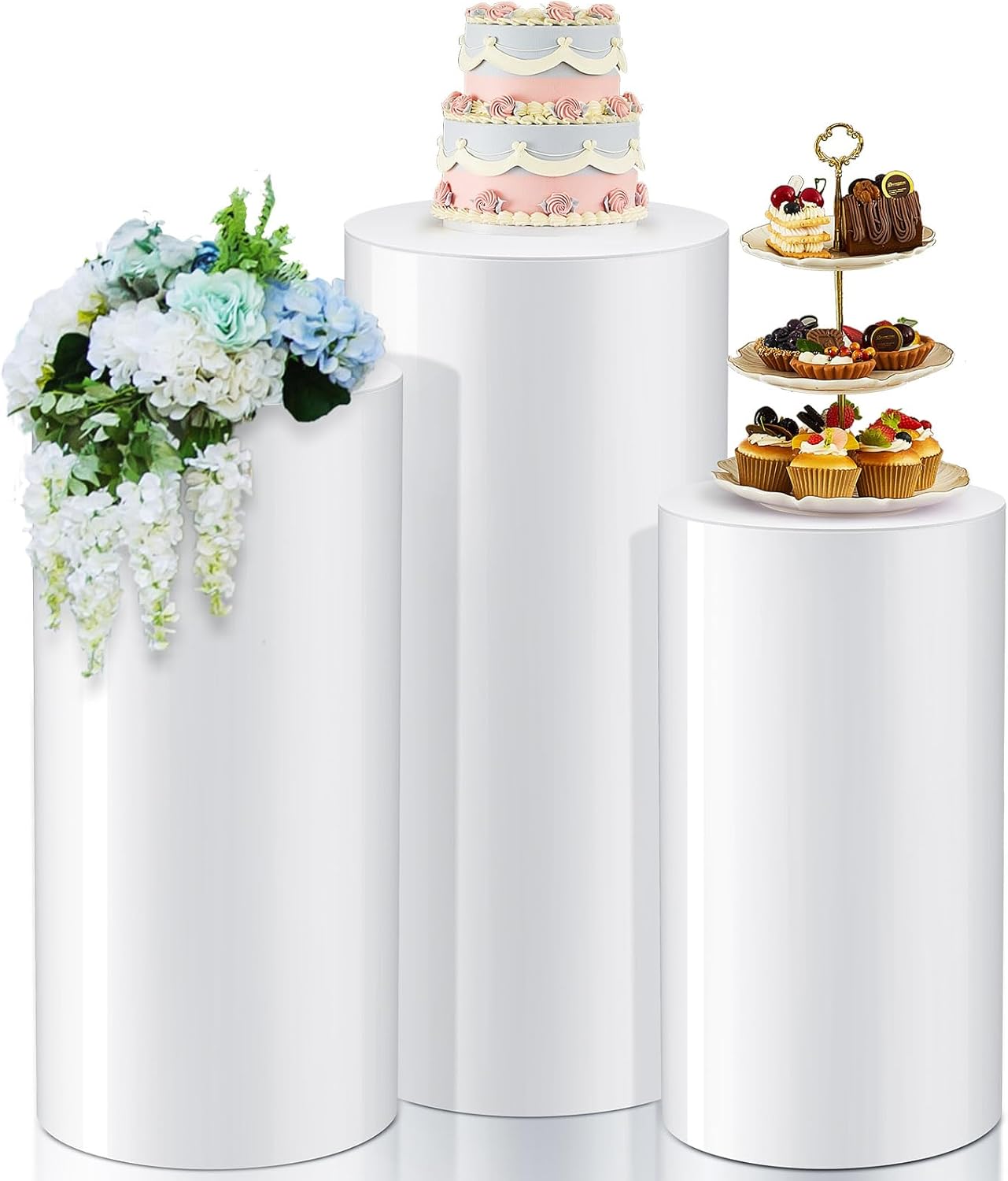 3 Pcs Cylinder Stands for Party, Large White Cake Pedestal Stand, 23.6''H, 21.7''H, 19.7''H, Round Reusable Dessert Display Tables for Birthday Wedding Baby Shower Party Decoration White 23.6''h, 21.7''h, 19.7''h