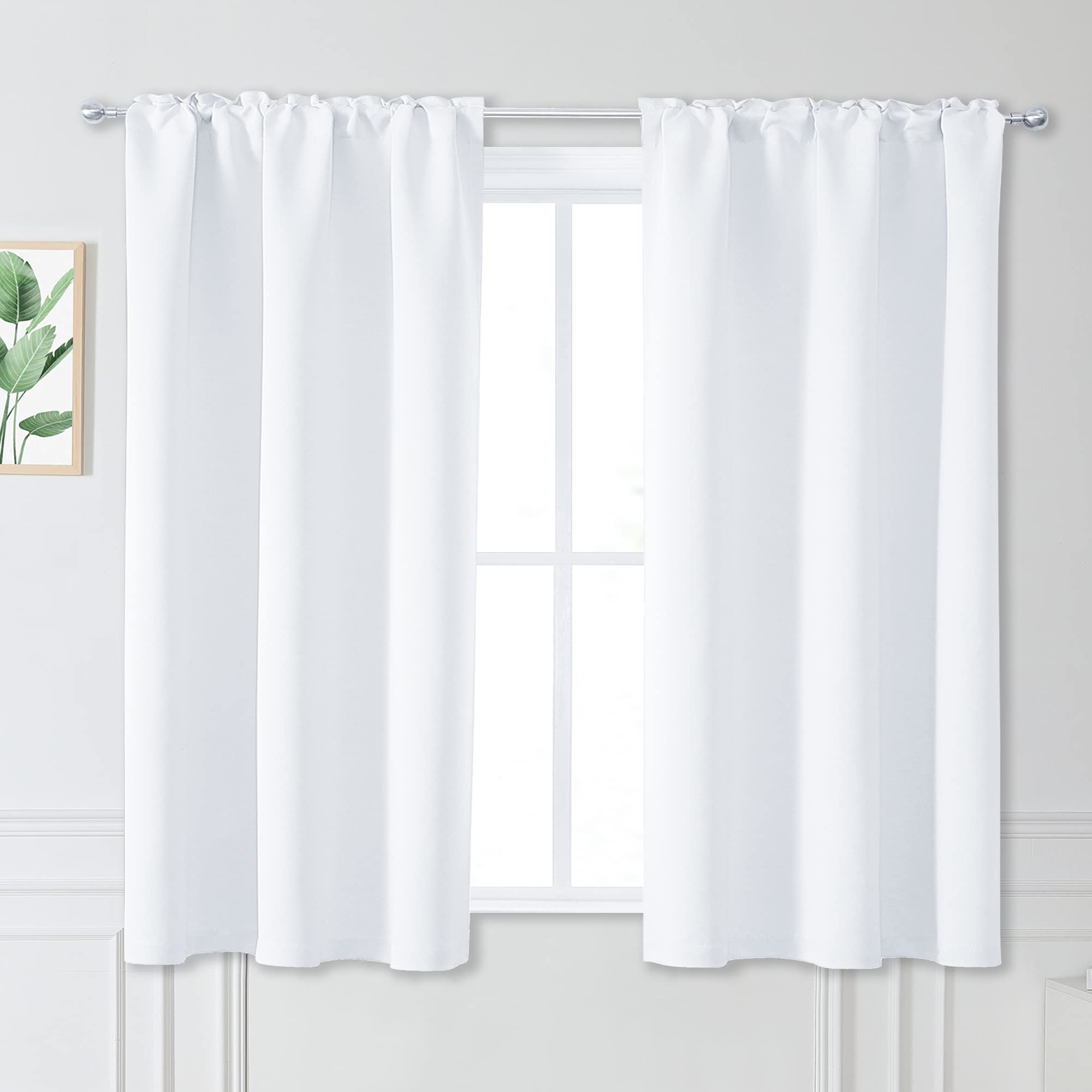 KEQIAOSUOCAI Pure White Half Blackout Thermal Curtains - 38 Inch Width by 54 Inch Length, Rod Pocket Sun Block Window Draperies for Kitchen Dining Room,Sold as Double Panels