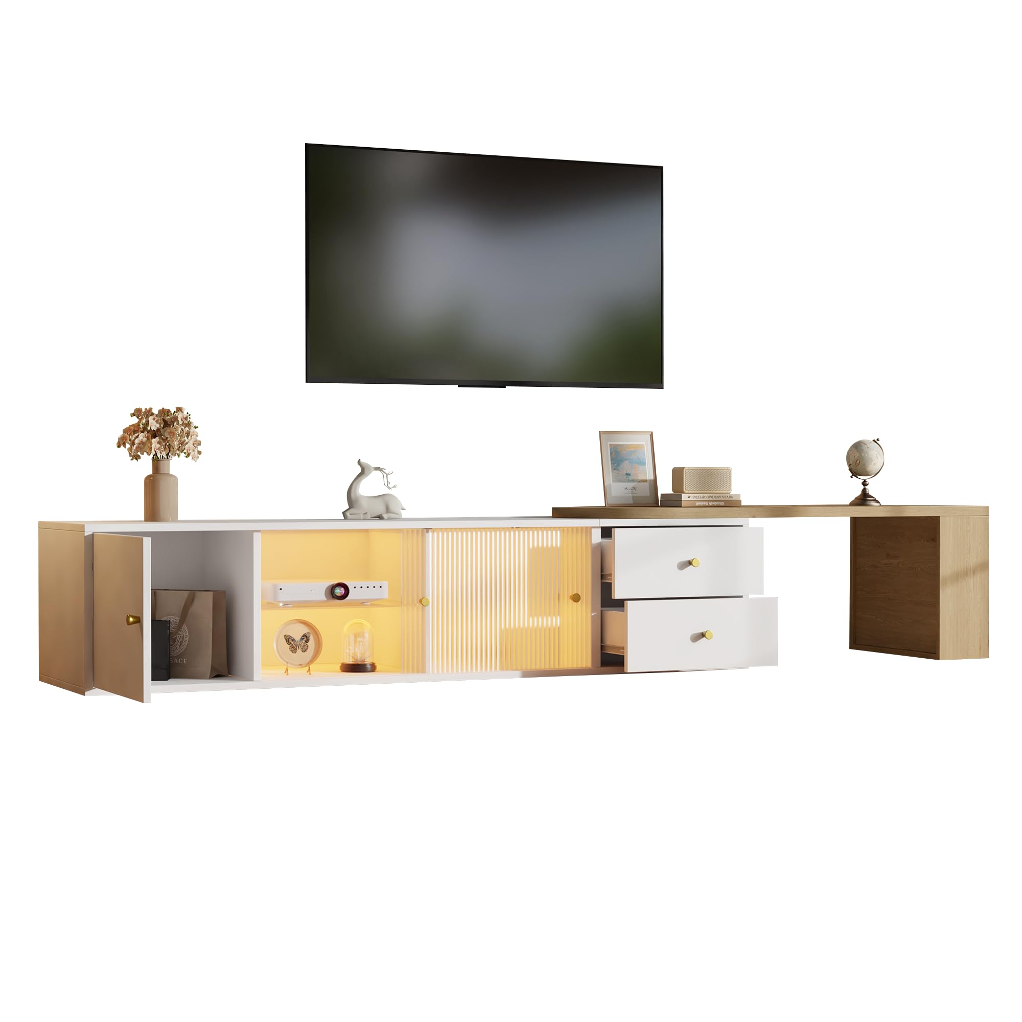 175 - 220 cm Mobile Porta TV Allungabile per Soggiorno, con LED, Credenza TV Bassa con 2 Ante Vetrate Scorrevoli e 2 Cassetti, MDF Bianco con Piano in Legno Rimovibile, Maniglie Dorate, 175x40x38 cm