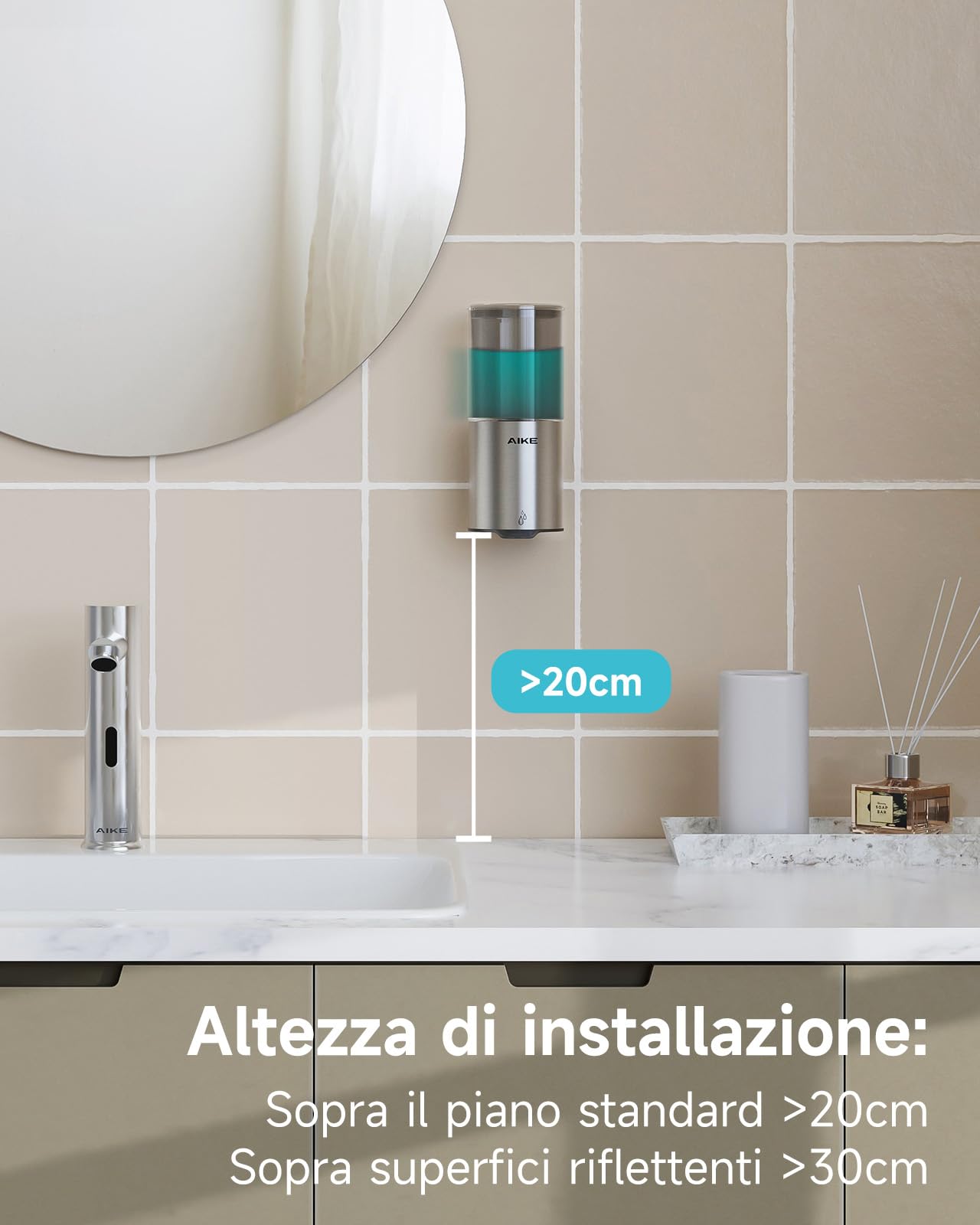 AIKE Dispenser Sapone Automatico, 400ML Liquido a Parete, IPX7 Impermeabile | Acciaio Inox Spazzolato, Sensore Touchless, 5 Livelli Volume, Montaggio Senza Fori, Doppio Montaggio, Facile Ricarica