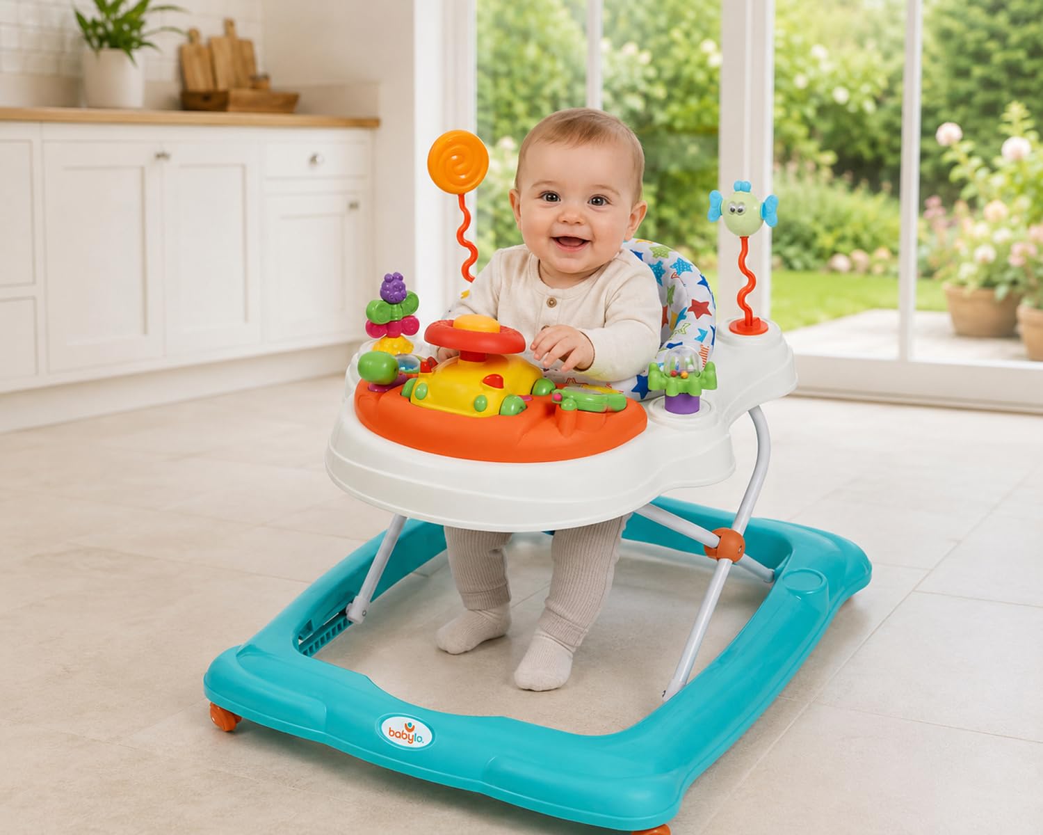 Babylo Twist About - Girello con attività e giochi elettronici, altezza regolabile e sedile girevole imbottito a 120 gradi