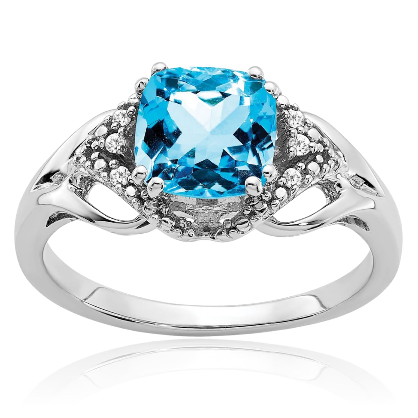 IceCarats 14K Solid White Gold 2 carat Blue Topaz Diamond Accent Statement Halo Ring 1.6mm Slim Band Cushion Cut, Natural, Prong Set