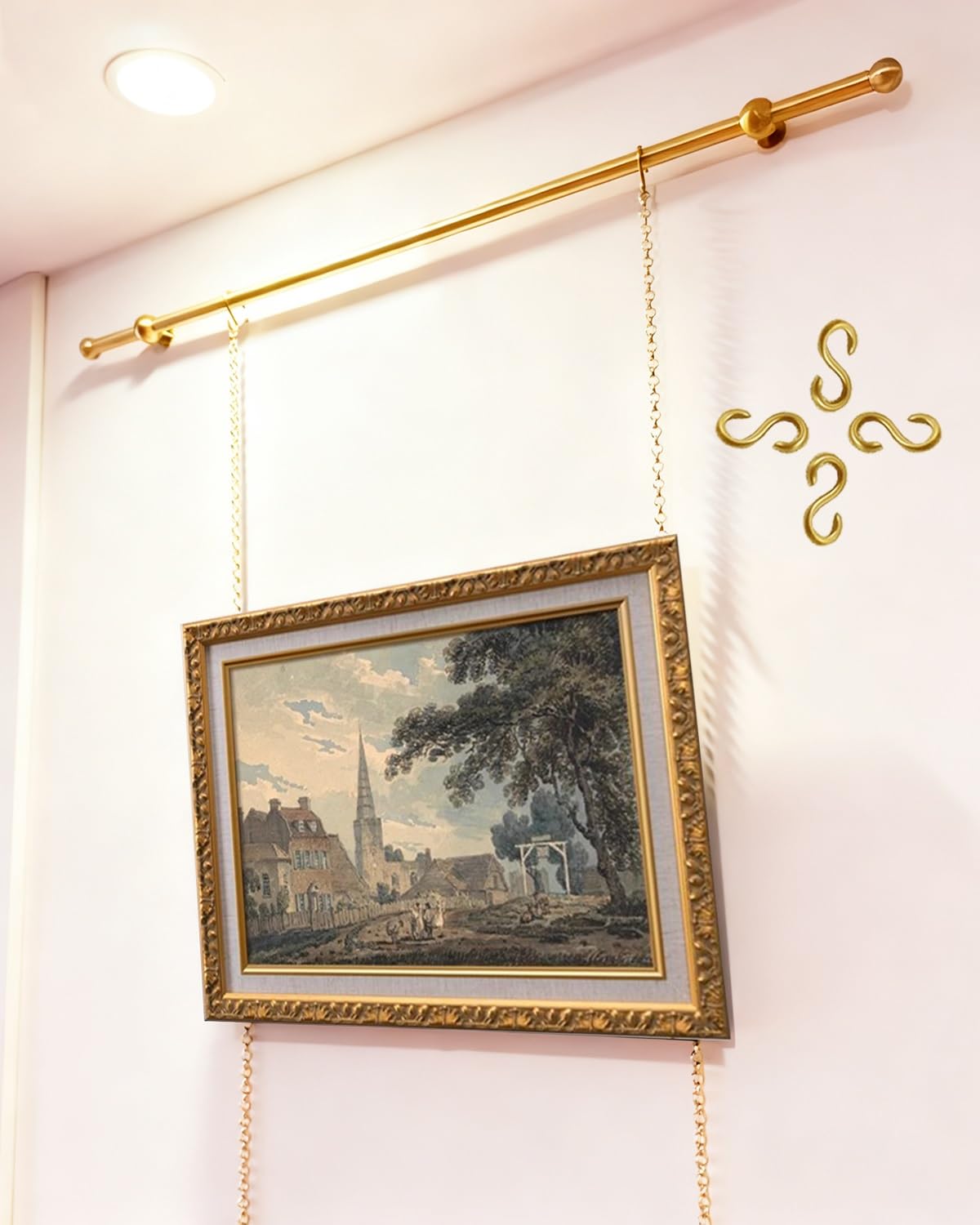 Antique Picture Rail Hanging System Gold, Brass Gallery Kit for Art Frames, Home Studio Exhibitions Wall Painting Hanger Rod, Easy to Install(165cm/65in/5.4ft)