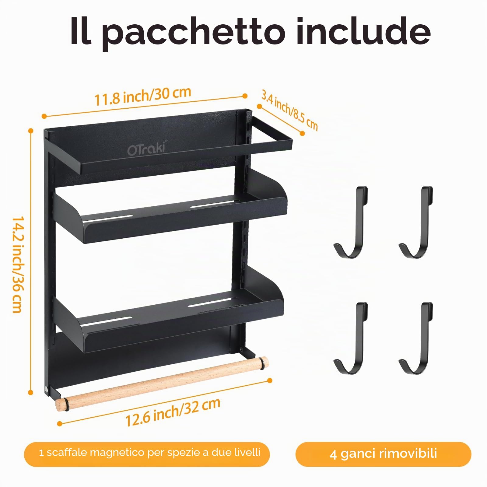 OTraki Scaffale Portaspezie Magnetico per Frigorifero, 2 Ripiani Organizer Cucina Senza Foratura Carico Massimo 8 Kg, Portaspezie Da Parete in Acciaio Inox con Porta Rotolo da Cucina e 4 Gancio