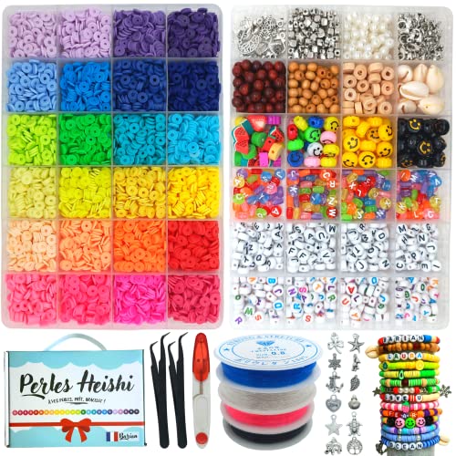 BR BARIAN CORPORATION Perles Heishi, 7150 Pièces Perles Plates pour Bracelet, Kit Bijoux Creation Adulte Enfant, Coffret Kit Perle Heishi avec Perle Alphabet et en Bois, Perle Aesthetic 6mm