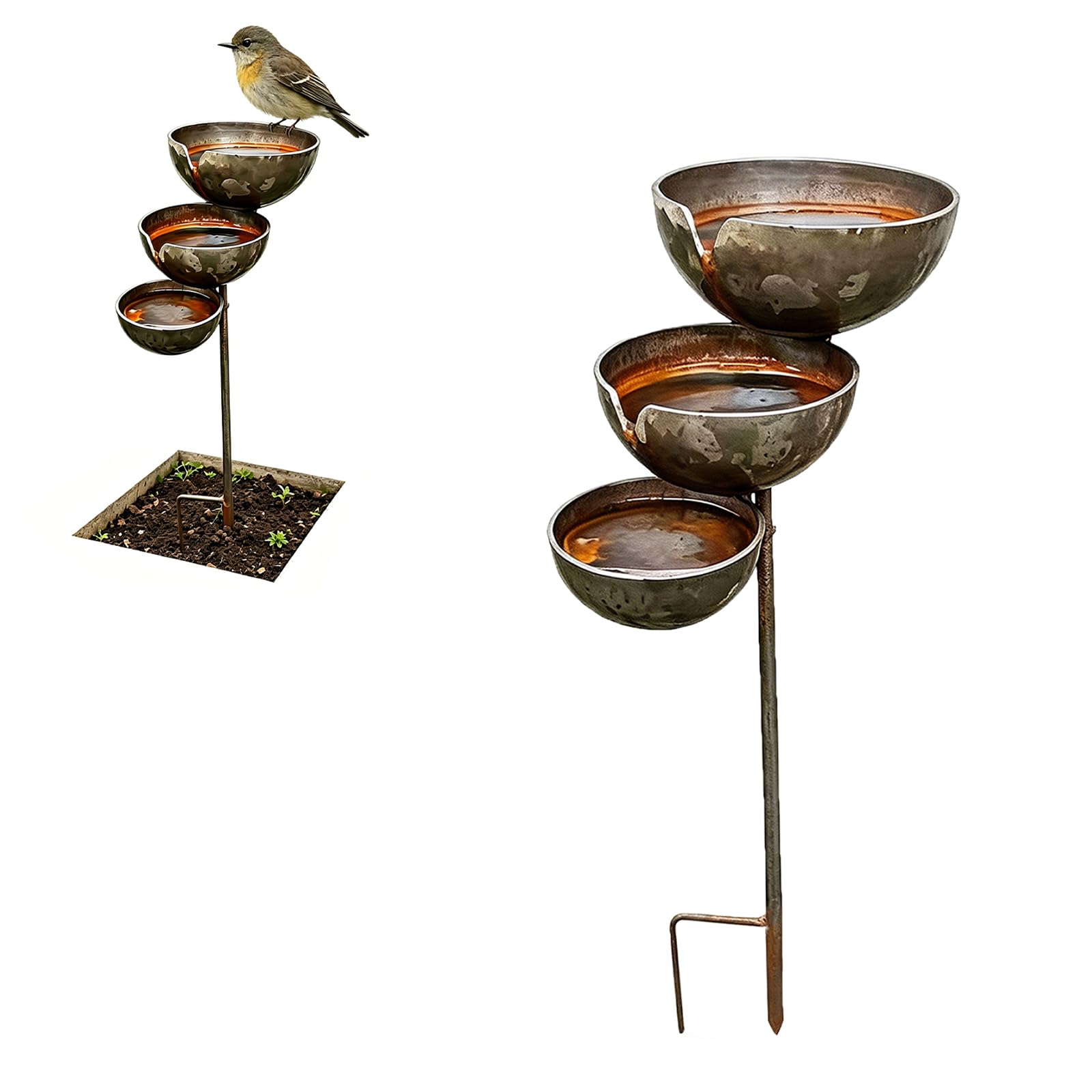 Bain d'oiseaux à 3 niveaux en métal rustique avec station d'arrosage papillon