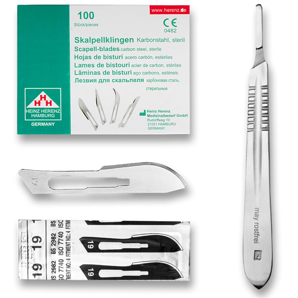 May Skalpell Set – 100 Sterile Skalpellklingen Figur 19 aus Karbonstahl, einzeln verpackt – Inkl. Edelstahl Skalpellhalter Nr. 4 – Präzisions Einwegklingen für Basteln, Modellbau & Fußpflege