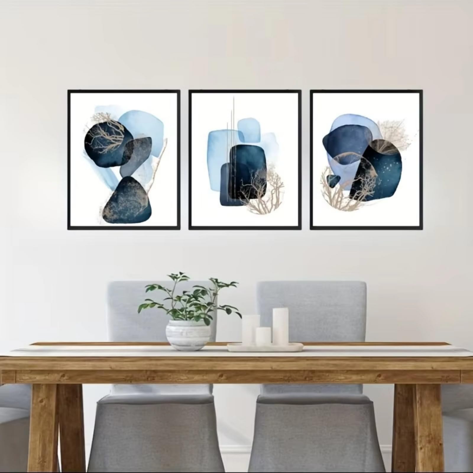 JORCEDI Navy Blue Gold Abstract Canvas Wall Art Set of 3, Modern Geometric Watercolour Posters Prints, Minimalist Living Room Bedroom Decor, 21x30-50x70cm, Unframed (50x70 cm,A)