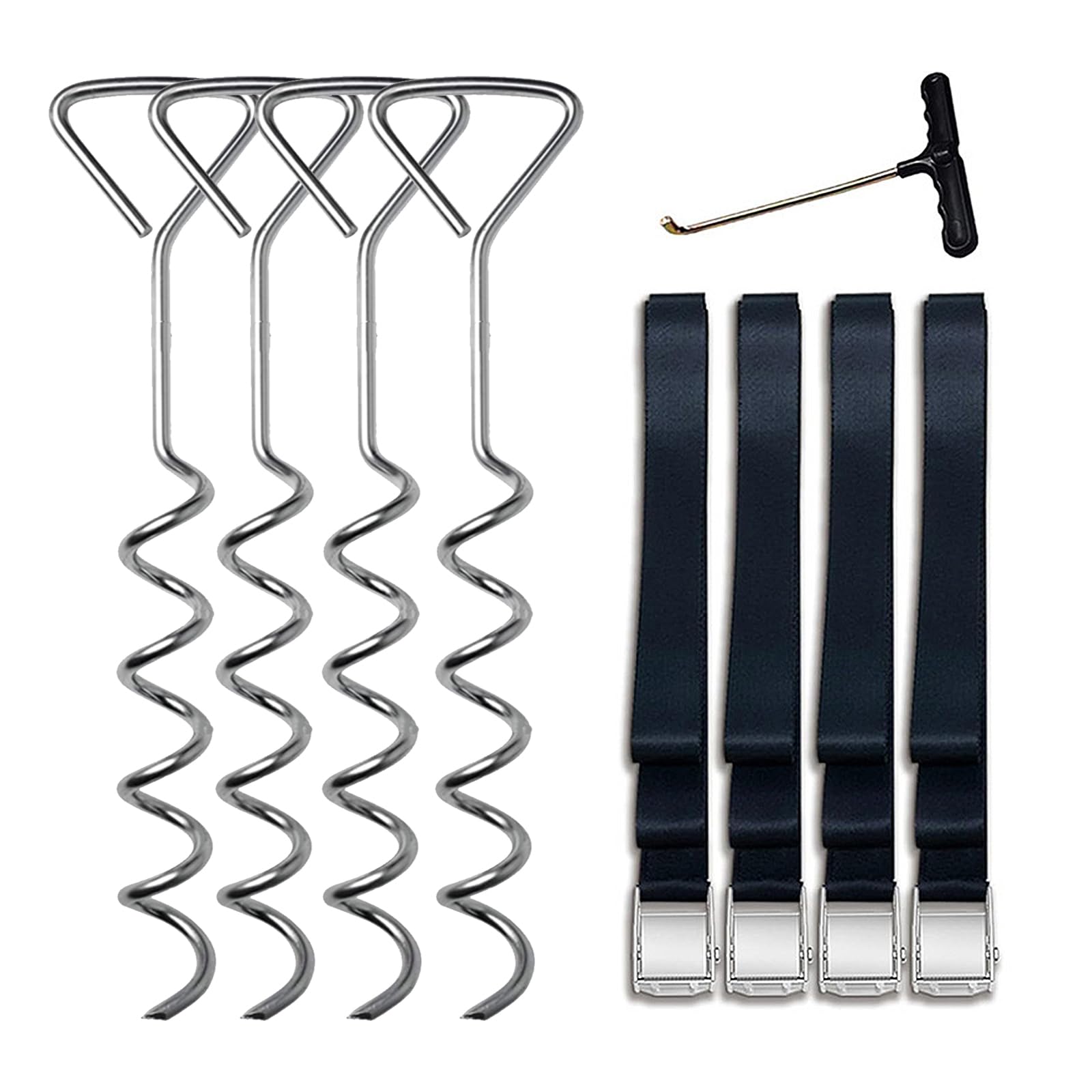 LN COZY CORNER 4 Set Heavy Duty Trampoline Anchor Kit – 40cm Screw in Ground Anchors for Trampoline, Swing, Shed, Camping Tent – Rustproof Galvanized Pegs with Tie Down Straps (Silver)