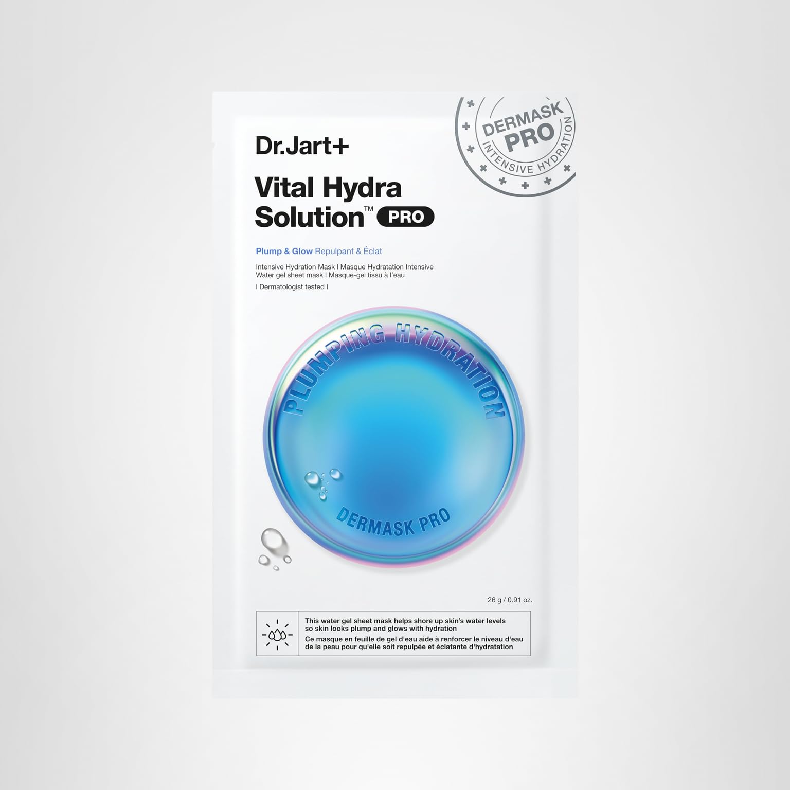 Dr.Jart+ Dermask Vital Hydra Solution Glow Korean Face Mask with Hyaluronic Acid for Glass Skin | Sheet Mask | Korean Skin Care | Travel Size, 1 Pack