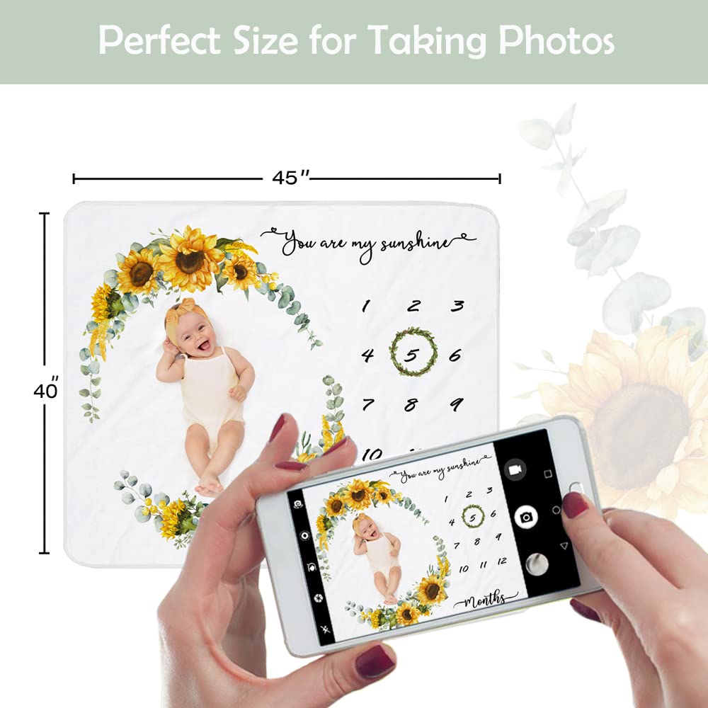 Manta de hito para bebé niña, manta mensual con imágenes de hitos recién nacidos, decoración de guardería de girasoles, manta de fondo de fotos de 45 x 40 pulgadas con corona y diadema
