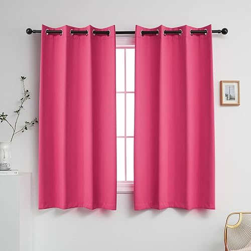 YGO Cortinas color rosa intenso de 63 pulgadas de largo para dormitorio de niñas, juego de 2 paneles de cortinas opacas gruesas con bloqueo de luz y
