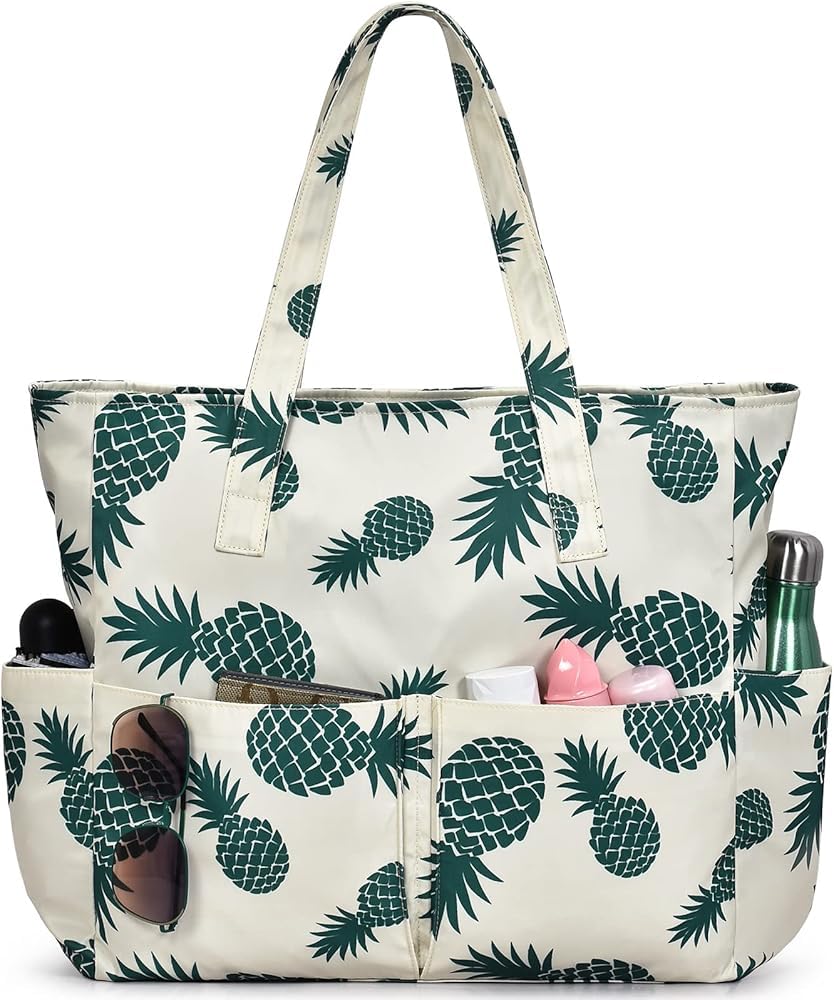 hirta Cery Tote Bag for Women Office Work Multipurpose Shoulder Bag with Zipper Pocket Teacher Travel Grocery Beach Hobo Bag Waterproof Sandproof Lightweight Pool Bag (PineApple Green V2)-picture-32
