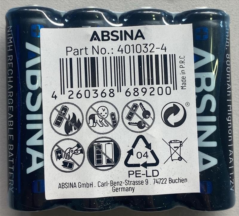 Packaging of ABSINA batteries showing product information, barcode (UPC 4260368689200), and recycling symbols, including the crossed-out wheeled bin.