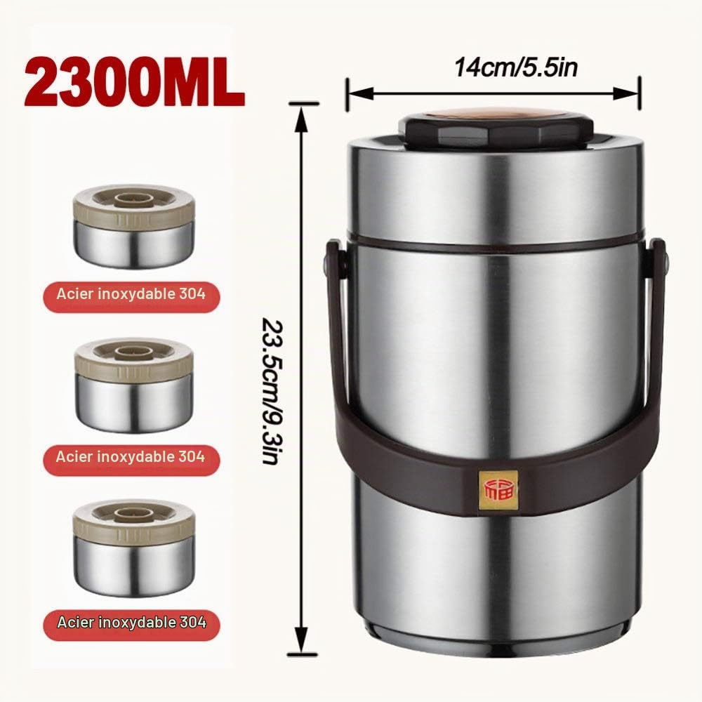 Genric 2.3L Boîte à déjeuner Isotherme en Acier Inoxydable, Boîtes Alimentaires Isothermes Repas Chaud, Bento Lunch Box pour Adultes, Thermos Alimentaire pour l'école, Voyages en Plein air,Silver