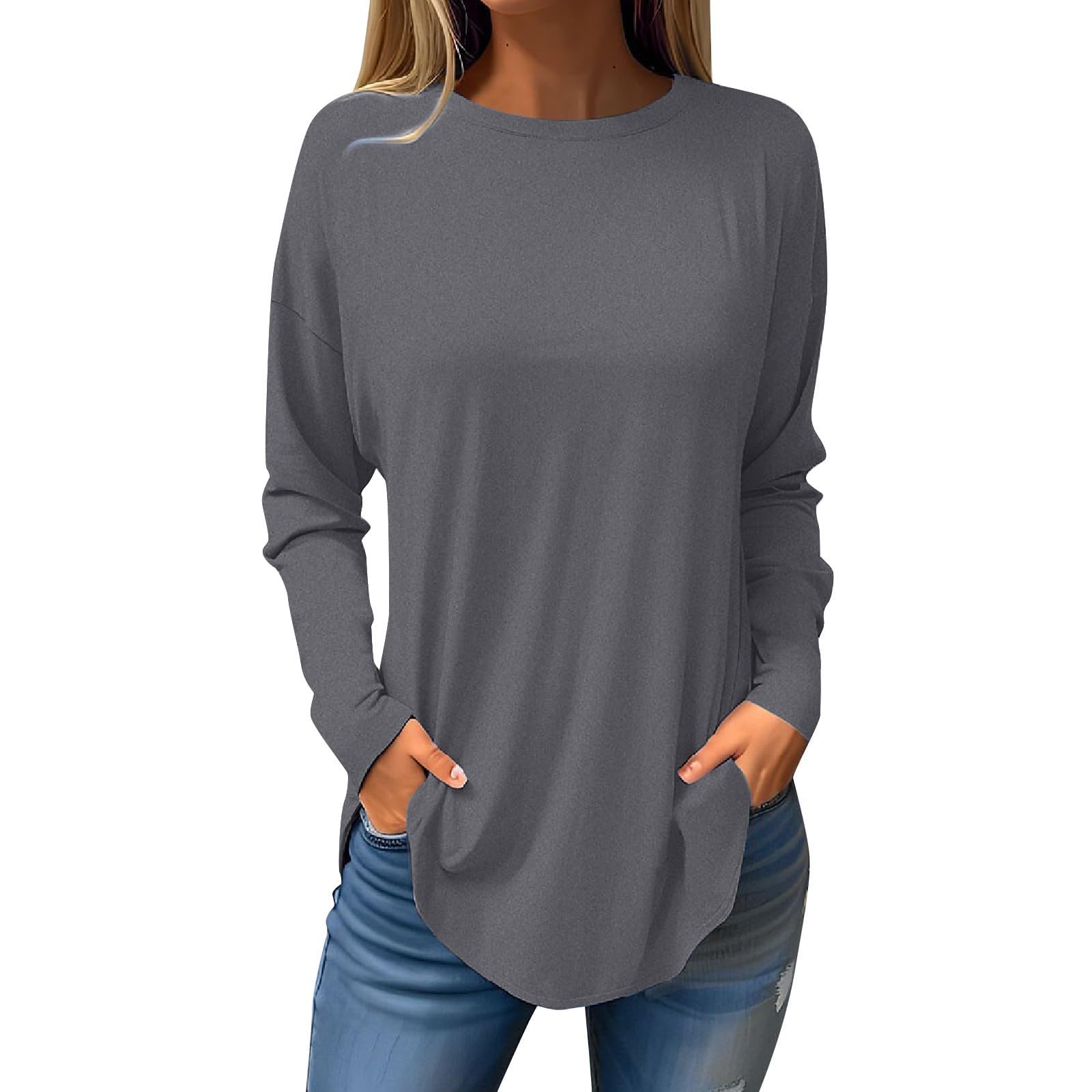Womens Tops Fall Long Sleeve Crew Neck Tunic Solid Color Loose Fit Tee Shirts Lightweight Casual Blouses