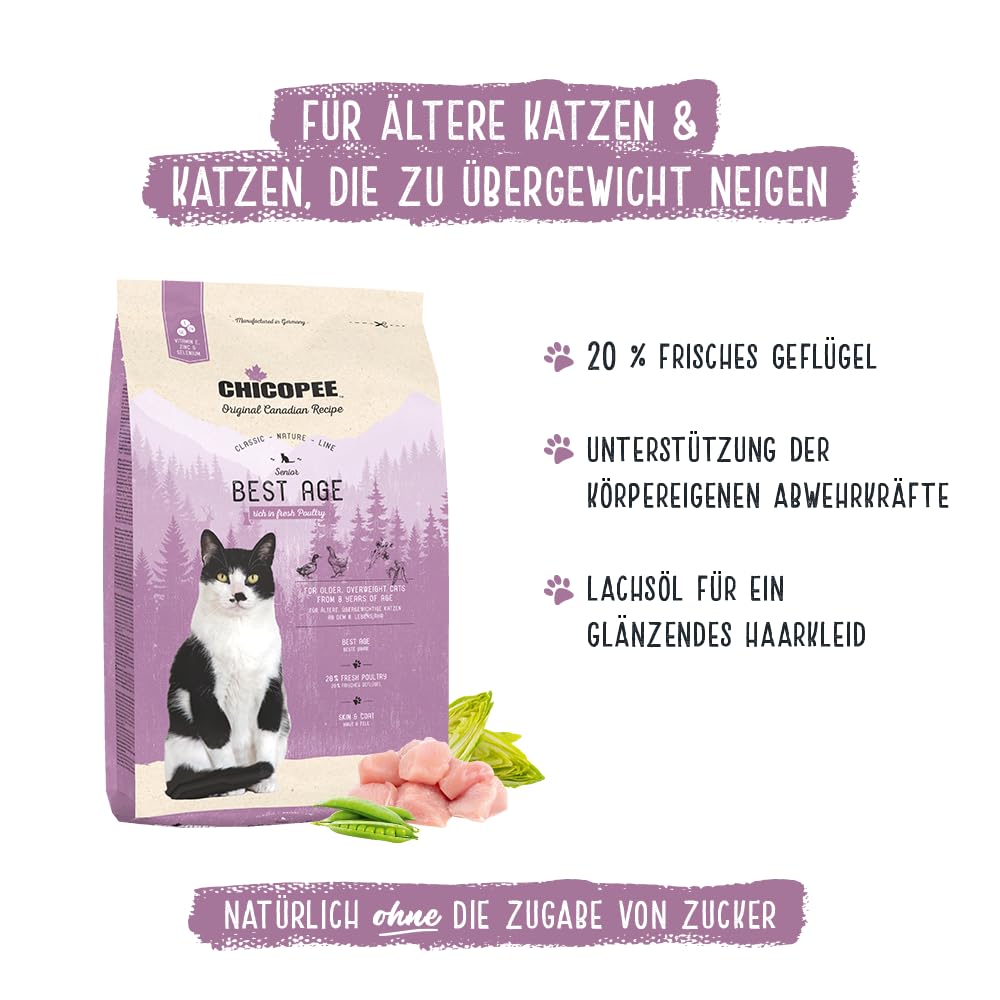 Chicopee Classic Nature Line | Senior Best Age | Katzenfutter trocken | Frisches Geflügel | Für ältere Katzen | Vitamine, Selen, Zink | Inspiriert von der Natur Kanadas | 15 kg