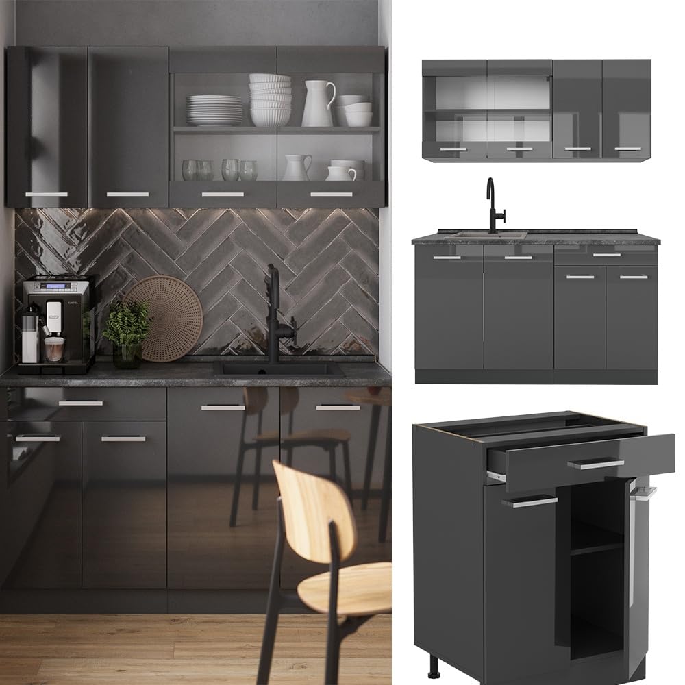 Kitchenette D'Angle R-Line Vicco - Cuisine Intégrée Anthracite Et Chêne (Neuf)