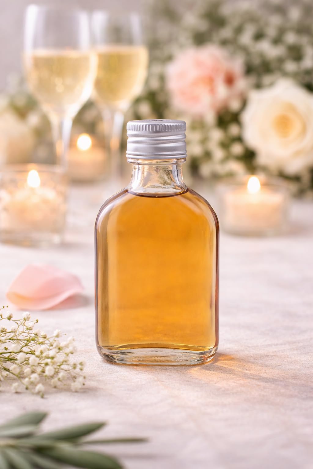 100 X Mini/Miniature Glass Flask Bottles (50ml) with Silver screw top lids.