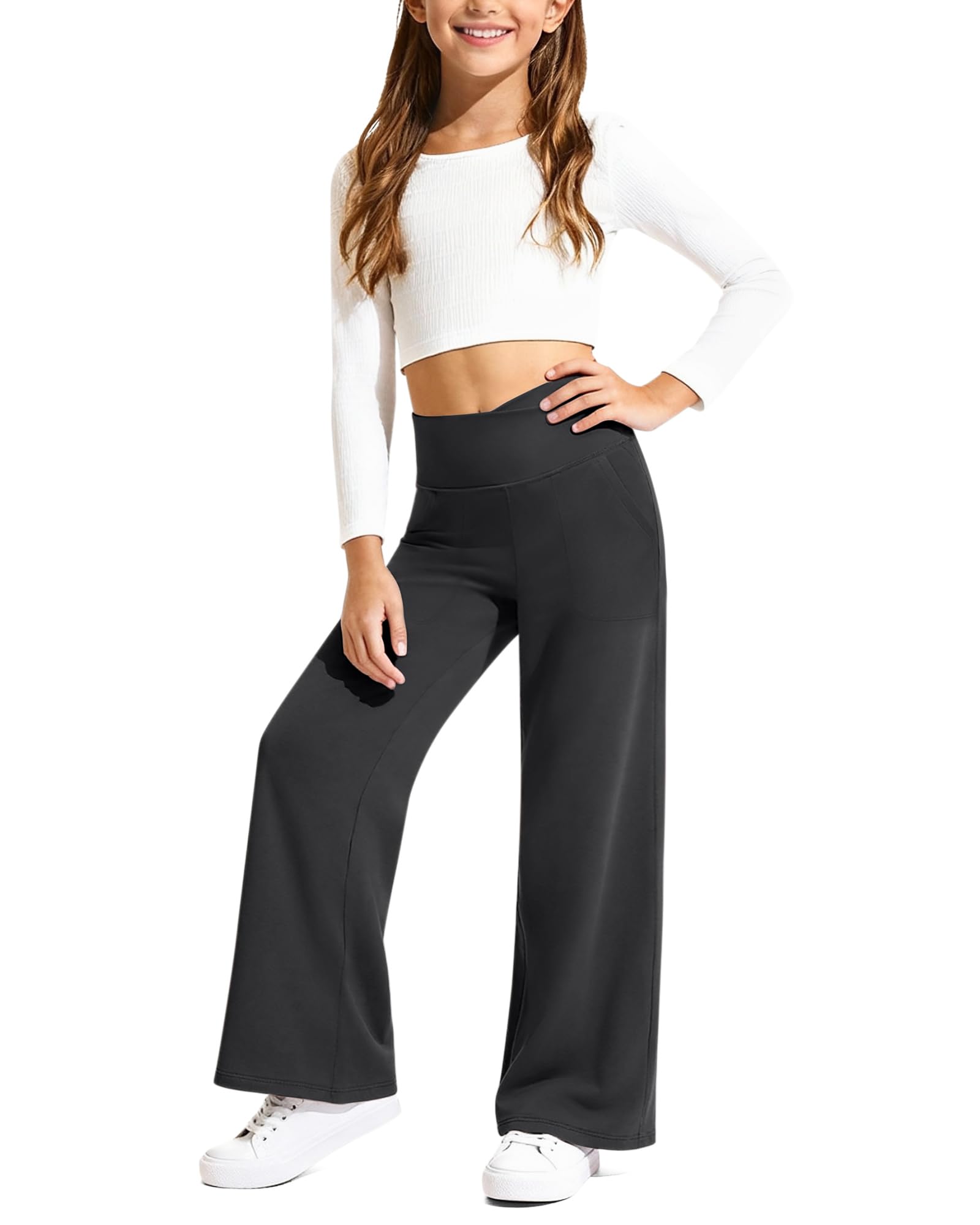 G4Free EverGoing Pantalon de survêtement à jambe large pour fille Taille haute Taille croisée avec 2 poches 6-12 ans
