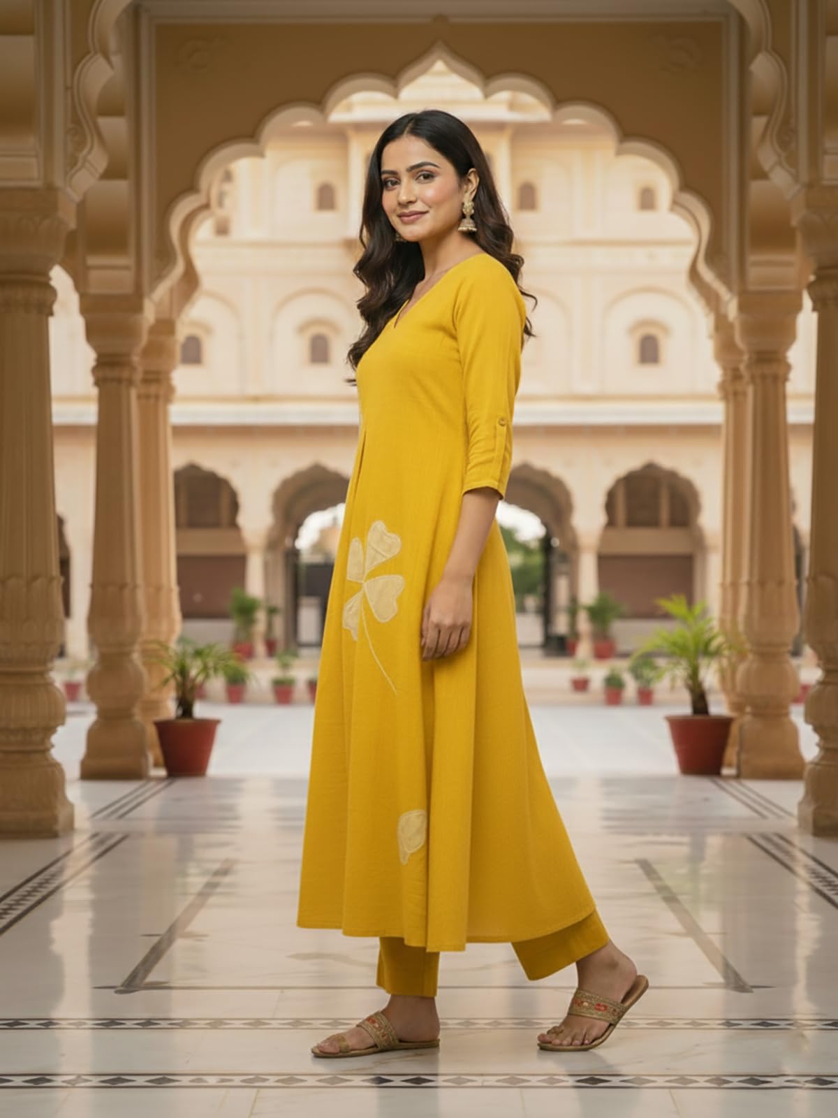 Leriya Fashion Set Kurta da donna in cotone con pantaloni | Set kurti etnico con scollo a V con maniche a 3/4 | Abito estivo etnico elegante da donna | Set kurta festivo con stampa floreale da donna