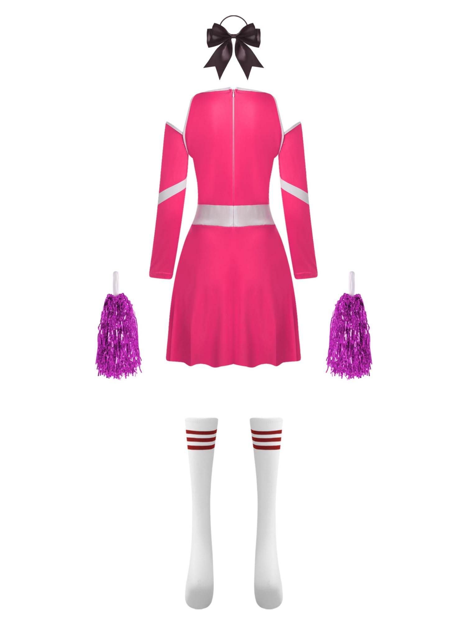 dPois Cheer Leader Kostüm Damen Cheerleading Uniform Kostüm Sport Wettkampf Tanz Uniform Langarm Crop Top Rock mit Strümpfe Pompoms