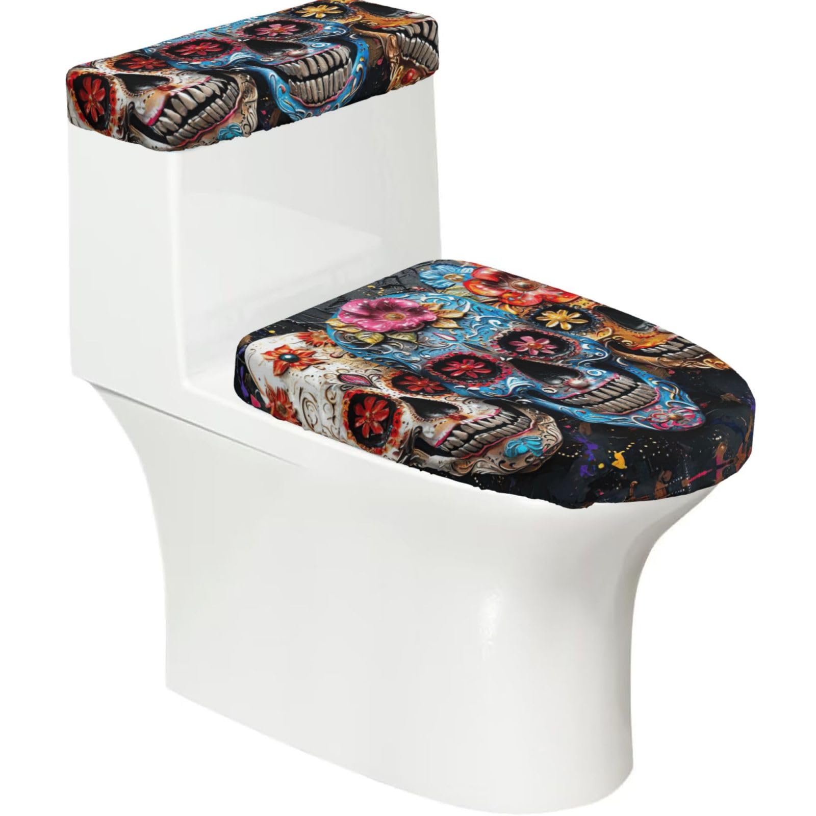Sugar Skulls Printed Toilet Tank and Lid Cover Set of 2 for Most Bathrooms, Fits Elongated Round Toilets