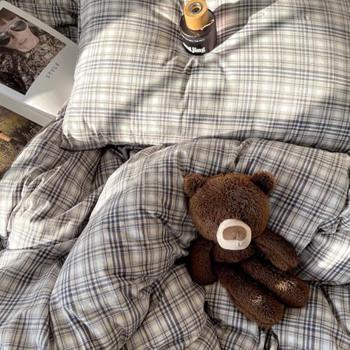 Image of mixinni Queen Duvet Cover Set - 3 Piece Vintage Buffalo Plaid Bedding, 100% Washed Cotton Duvet Cover with 2 Pillowcases, Soft & Breathable Navy Beige White Geometric Grid Pattern for All Seasons
