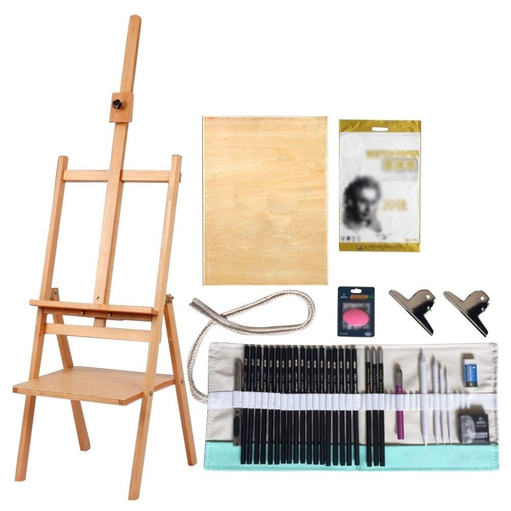ASerZenith Wooden Portable Drawing Board Easel With Folding Bracket And Drawer – Sketch & Oil Painting Set,Round-Easel Set