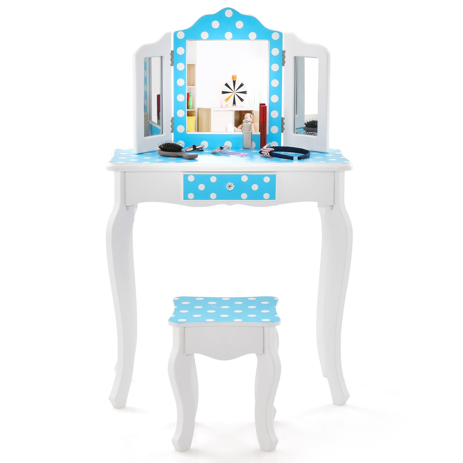 RELAX4LIFE Toeletta Trucco per Bambina, Specchiera Trucco con Sgabello e Cassetto, Toeletta in Legno, Specchio Rimovibile, per Bambini 3+ Anni (60 x 27,5 x 97,5 cm, Pois Blu)