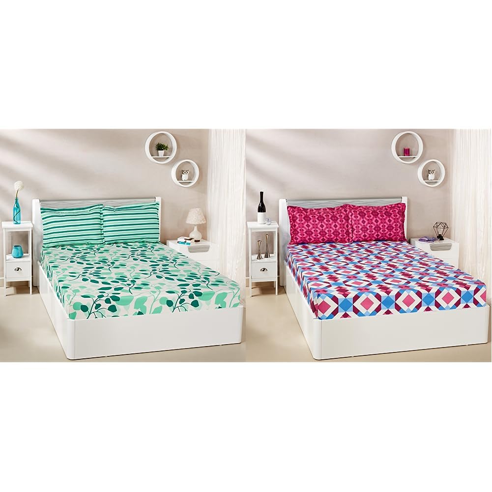 Amazon Brand Solimo Leafy Spring 144 TC Double Bedsheet with 2 Pillow Covers, Green & Amazon