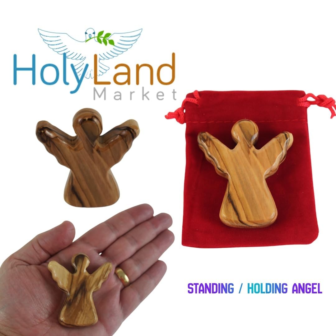 Holy Land Market Ange gardien en bois d'olivier sculpté à la main de Bethléem, figurine religieuse de 6,3 cm avec pochette en velours rouge et certificat d'authenticité (10 ensembles)