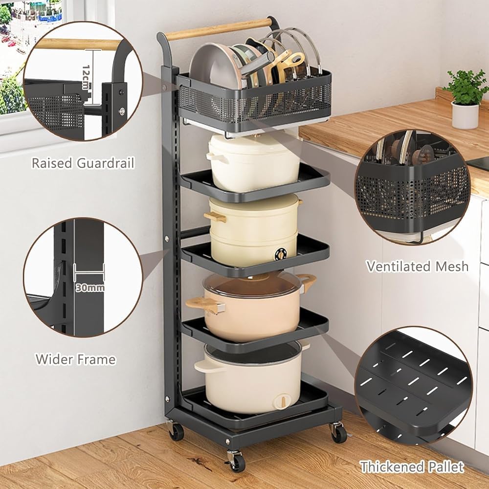 Kitchen Cookware Organizer Rack Holder, Multifunctional Pot and Pan Organizer Rack with 1 Pan Organizing Basket & Drain Pan, Pot Lid Holders, Black